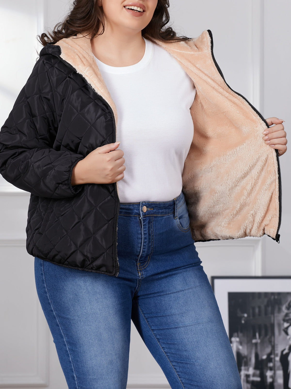 Women's Plus Size Sherpa-Lined Quilted Bomber Jacket with Hood