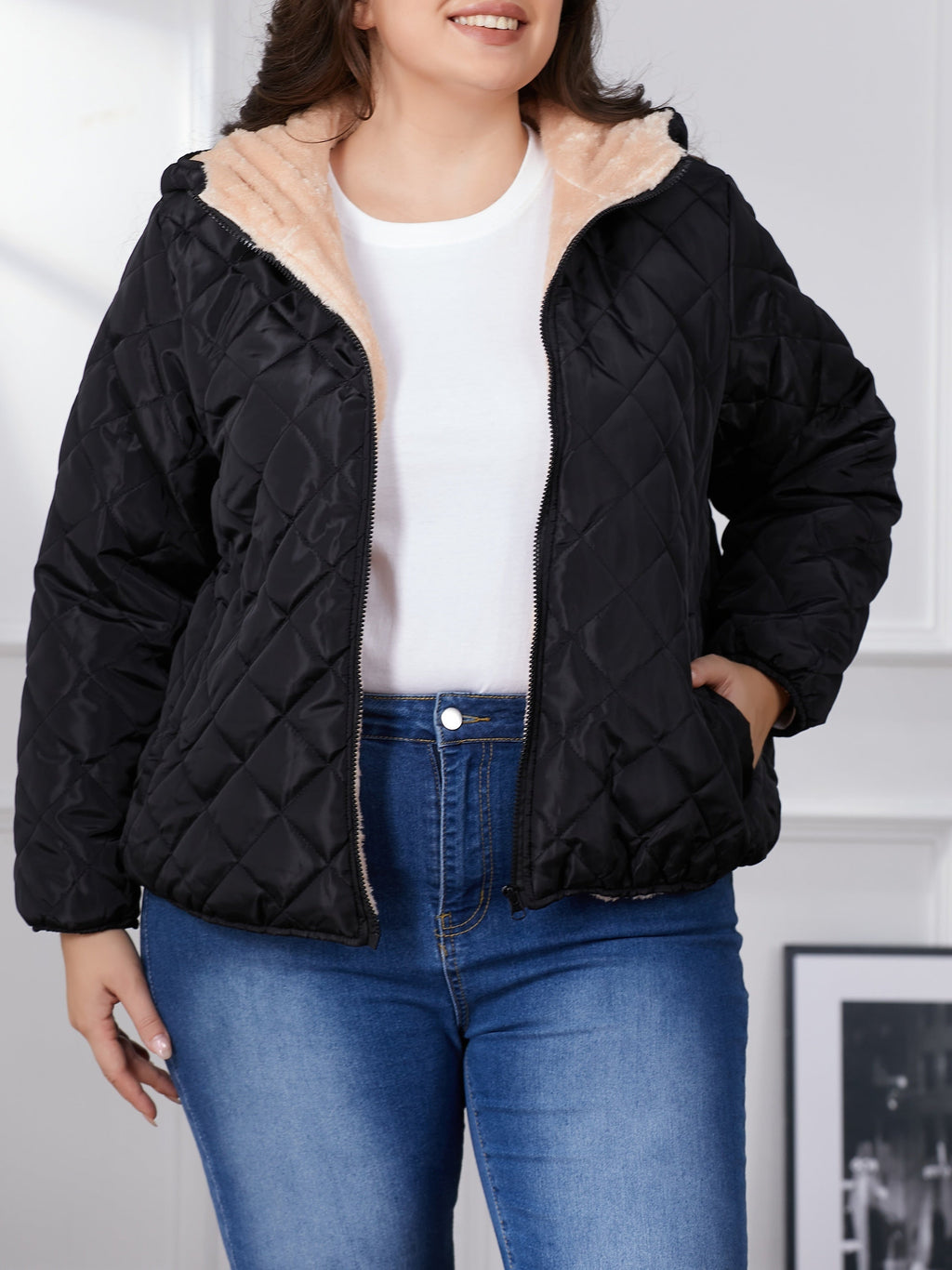 Women's Plus Size Sherpa-Lined Quilted Bomber Jacket with Hood