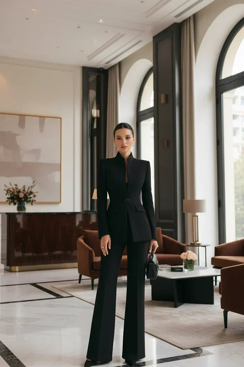 Women's Stand-Collar Blazer & Flare Pants Suit