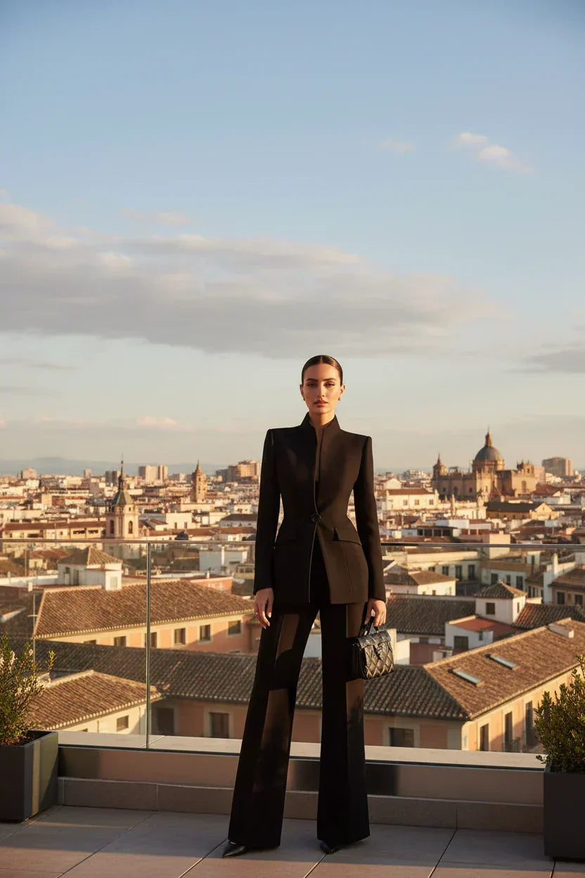 Women's Stand-Collar Blazer & Flare Pants Suit