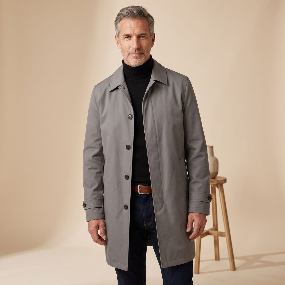 Men's Water-Resistant Long Button-Front Raincoat