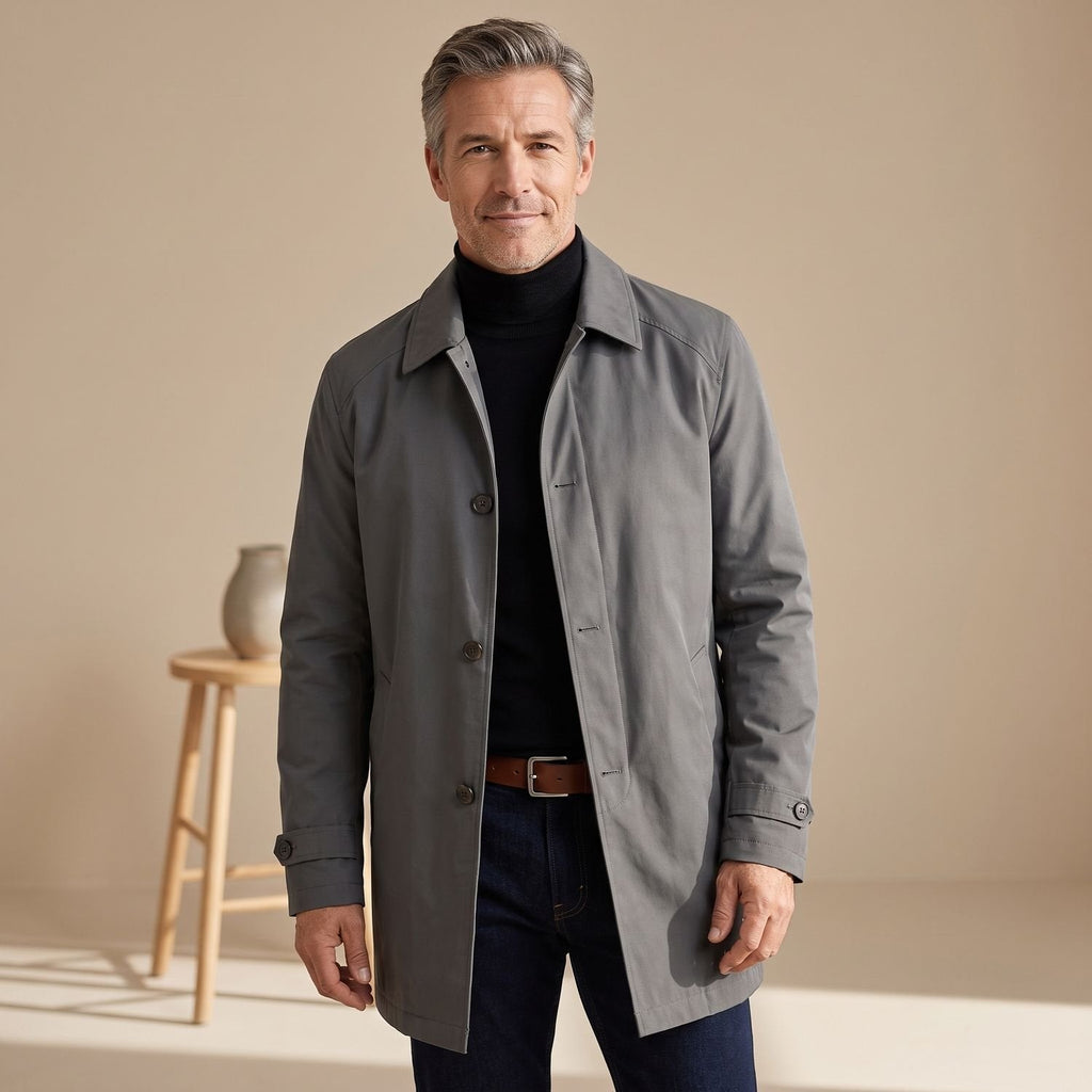 Men's Water-Resistant Long Button-Front Raincoat