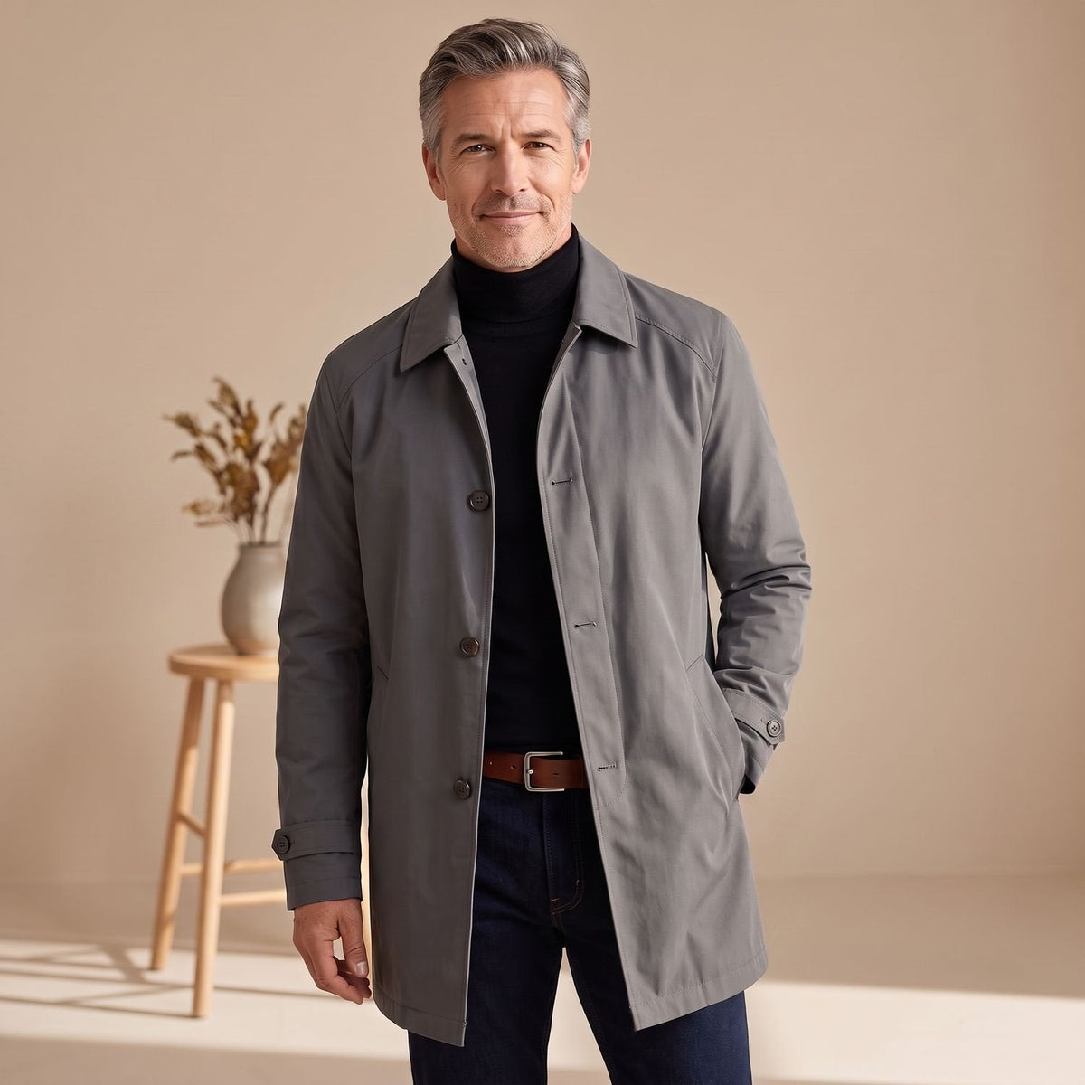 Men's Water-Resistant Long Button-Front Raincoat