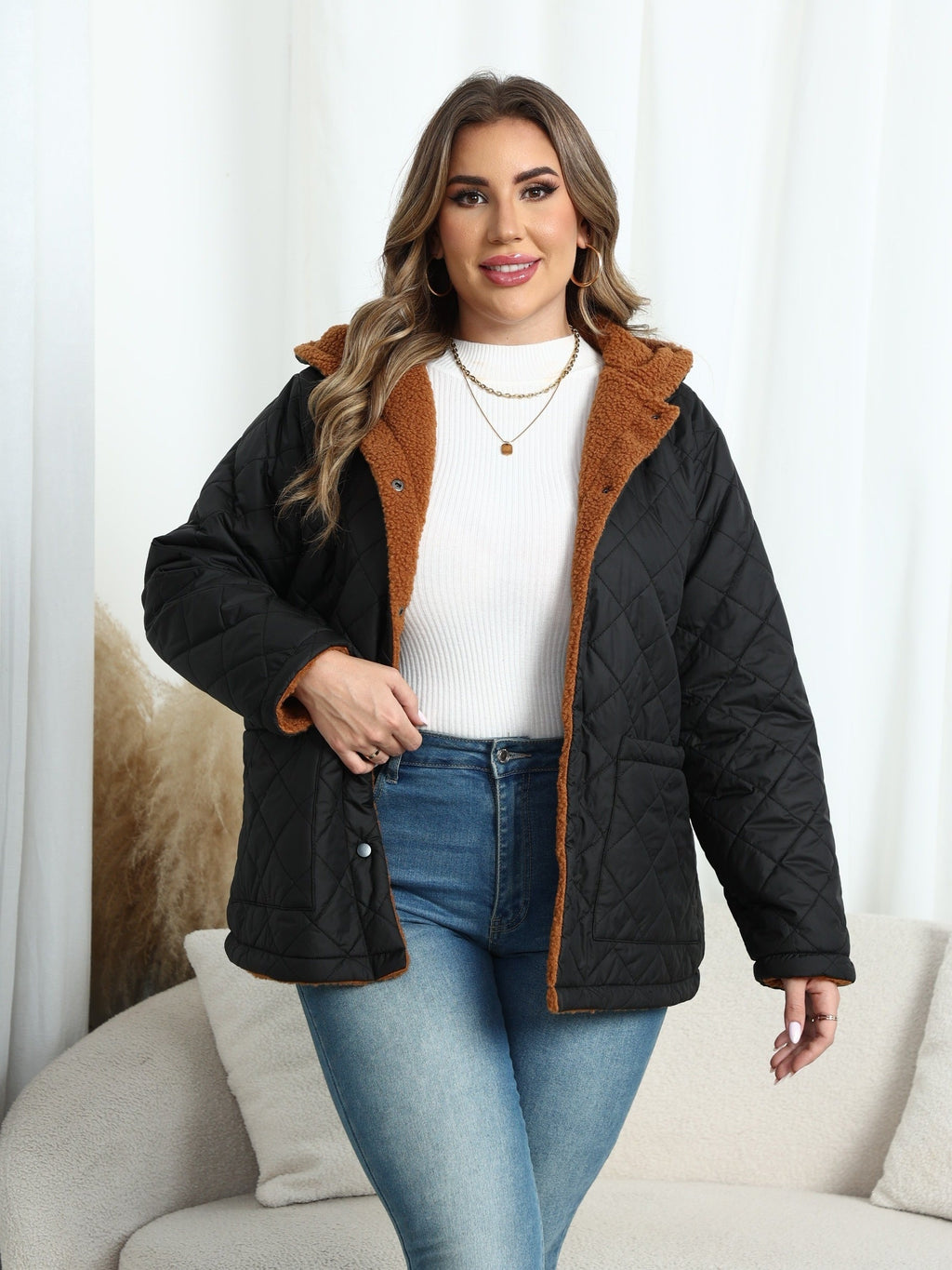 Women's Plus Size Sherpa-Lined Diamond Quilted Hooded Jacket