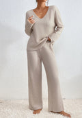 Women's Ribbed Knit V-Neck Sweater & Wide-Leg Pants Set