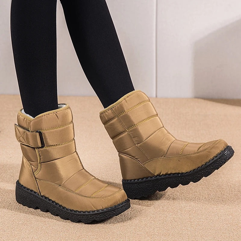Women's Quilted Warm Winter Snow Boots with Hook-and-Loop Strap