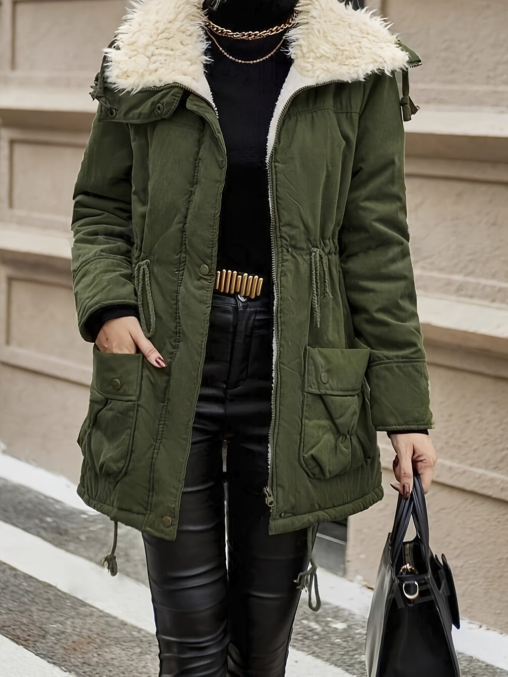 Women's Faux Fur Lined Parka with Drawstring Waist