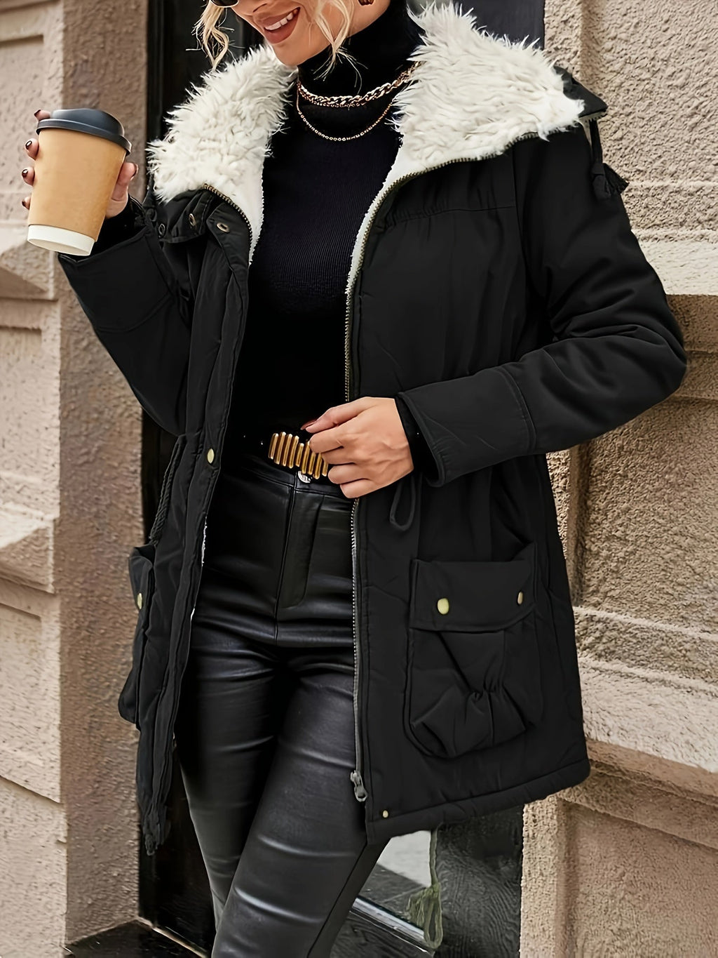 Women's Faux Fur Lined Parka with Drawstring Waist