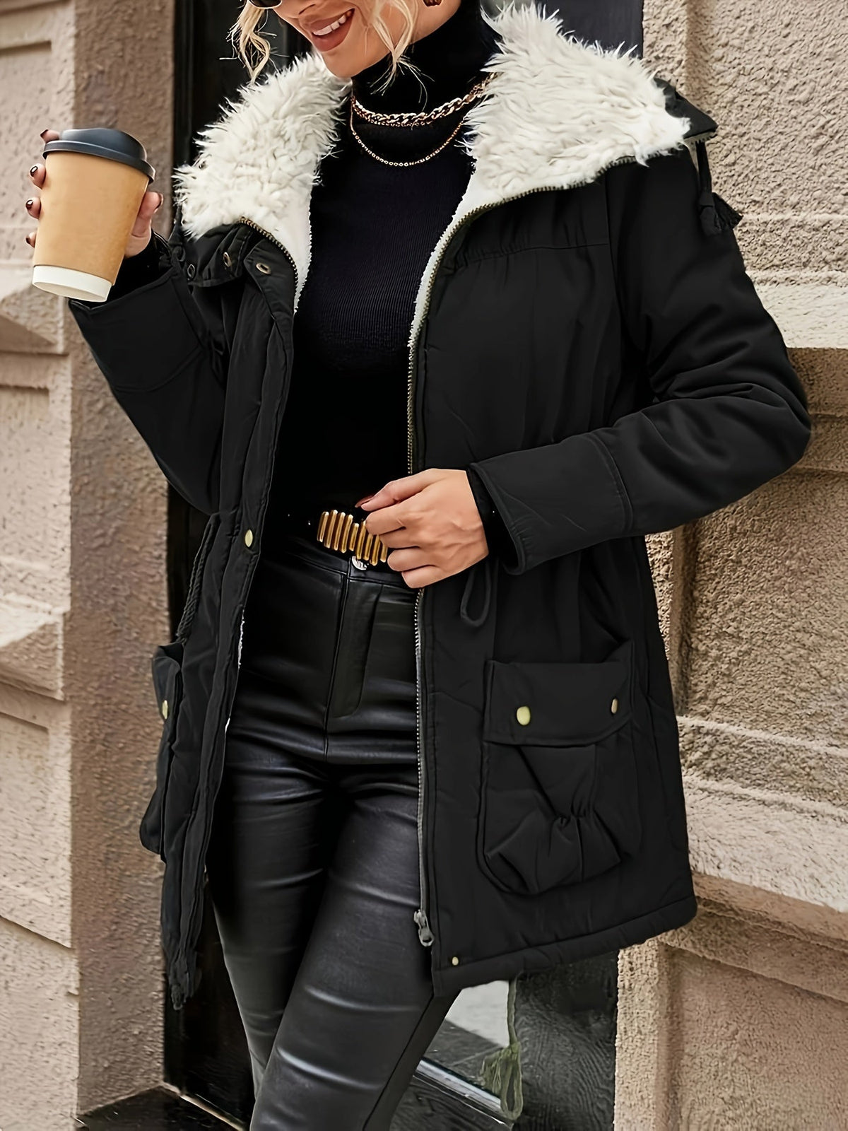 Women's Faux Fur Lined Parka with Drawstring Waist
