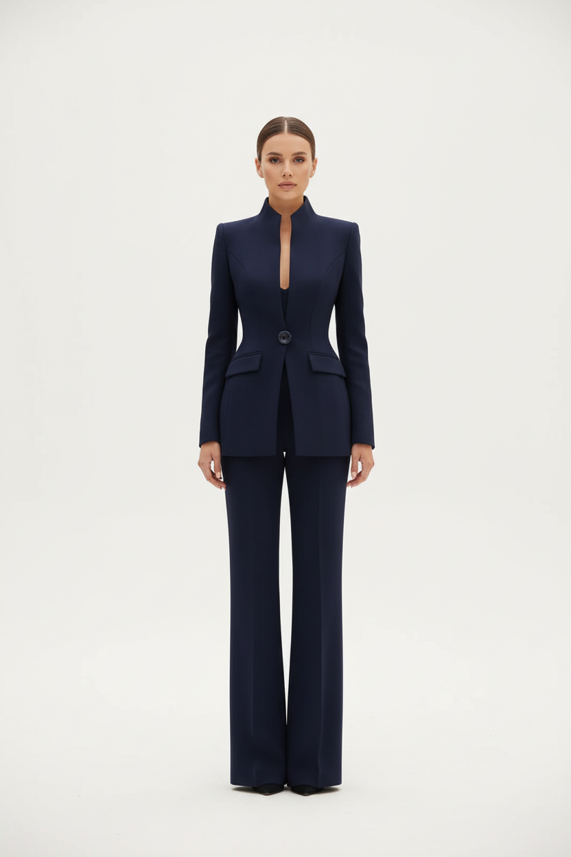 Women's Stand-Collar Blazer & Flare Pants Suit