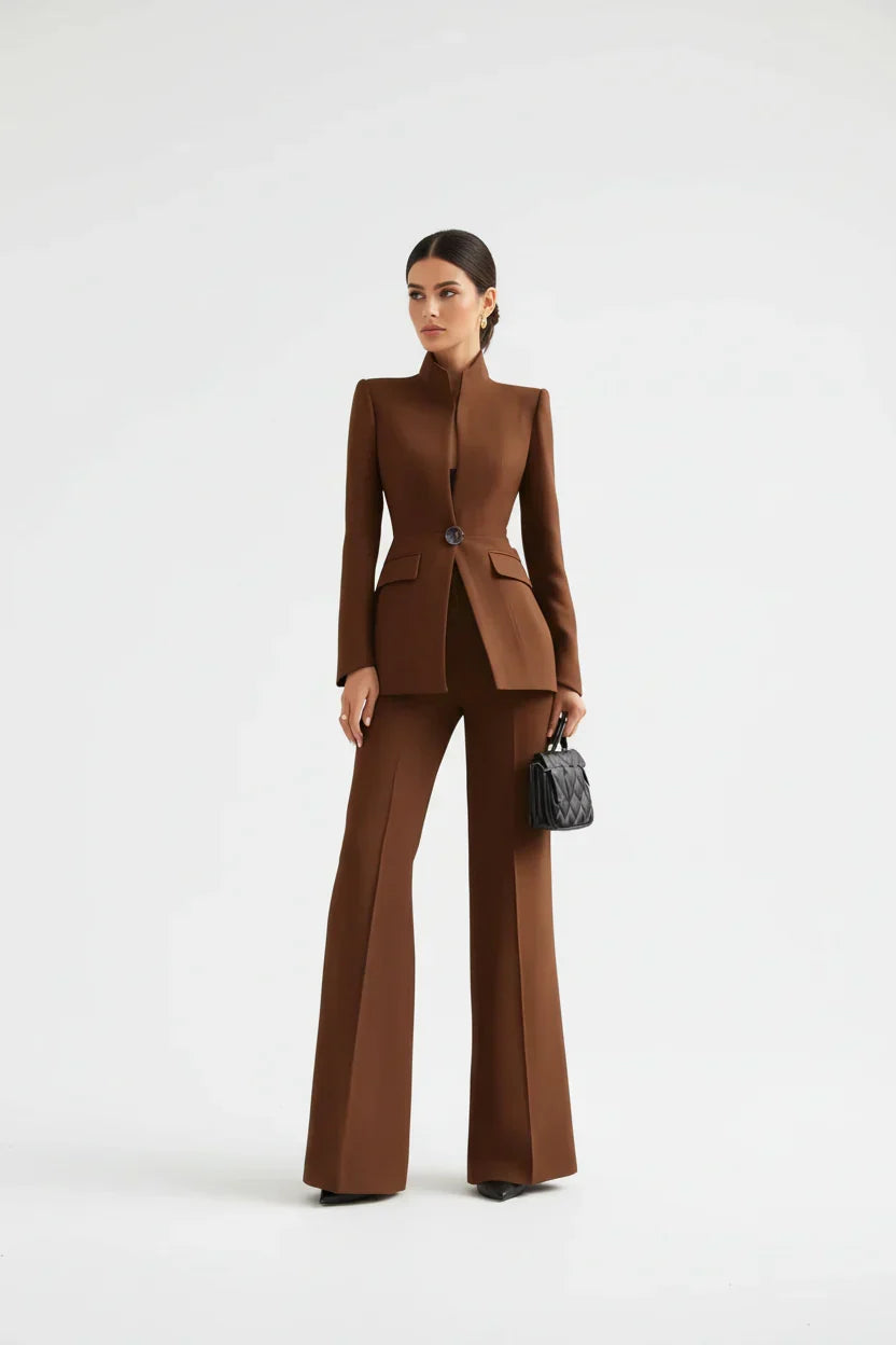 Women's Stand-Collar Blazer & Flare Pants Suit