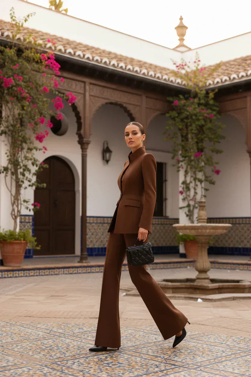 Women's Stand-Collar Blazer & Flare Pants Suit