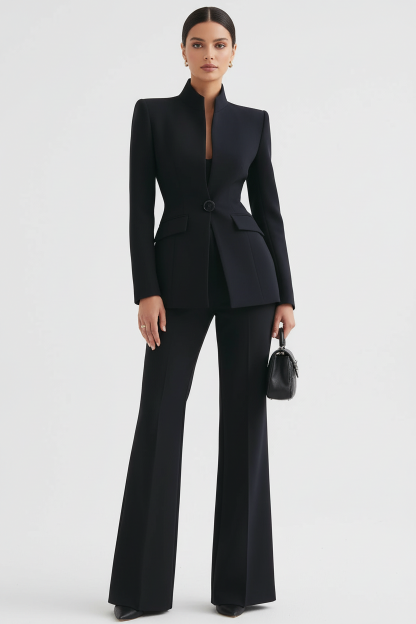 Women's Stand-Collar Blazer & Flare Pants Suit