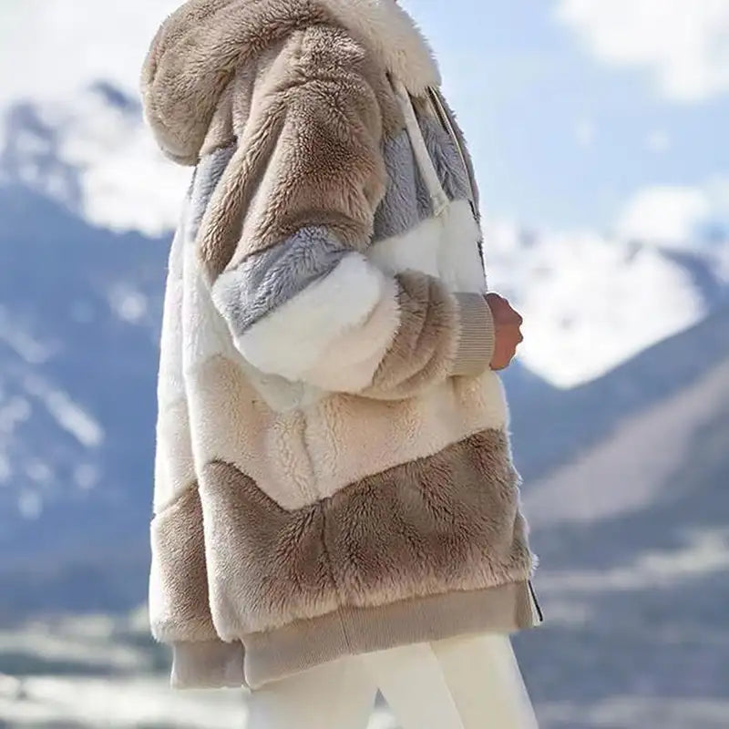 Women's Colorblock Fluffy Fleece Hooded Coat