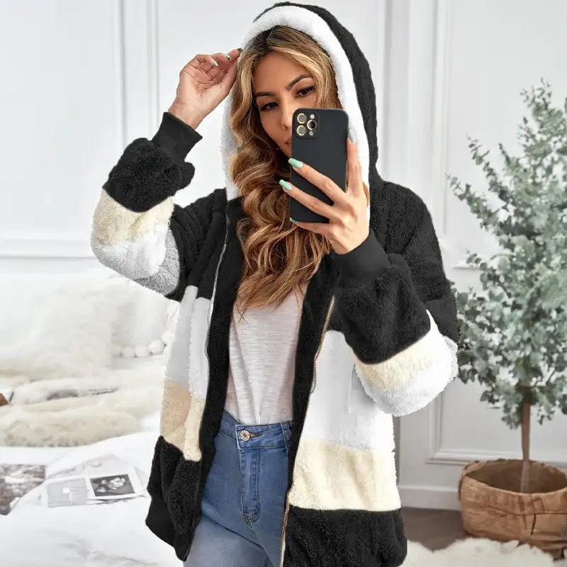 Women's Colorblock Fluffy Fleece Hooded Coat