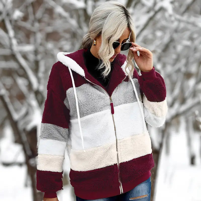 Women's Colorblock Fluffy Fleece Hooded Coat
