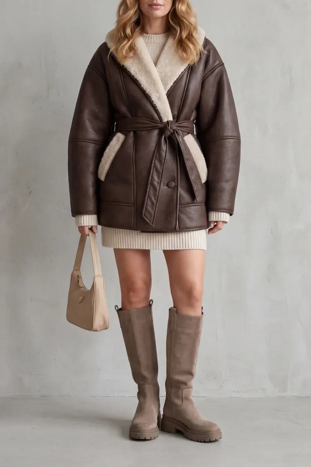 Women's Belted Faux Leather Coat with Teddy Trim