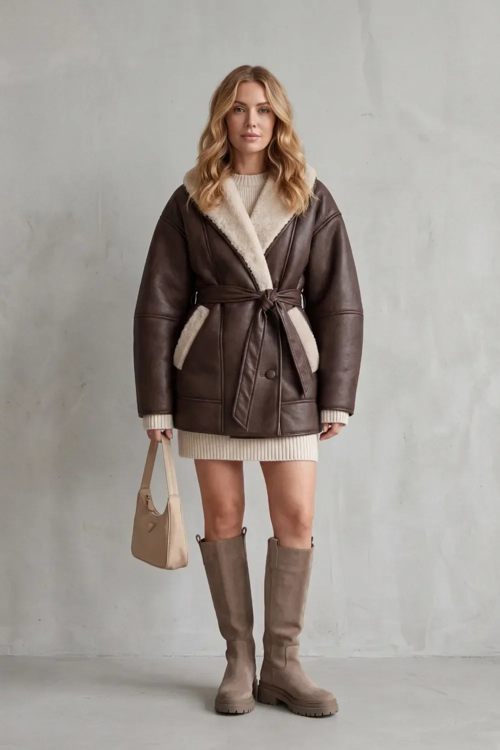 Women's Belted Faux Leather Coat with Teddy Trim