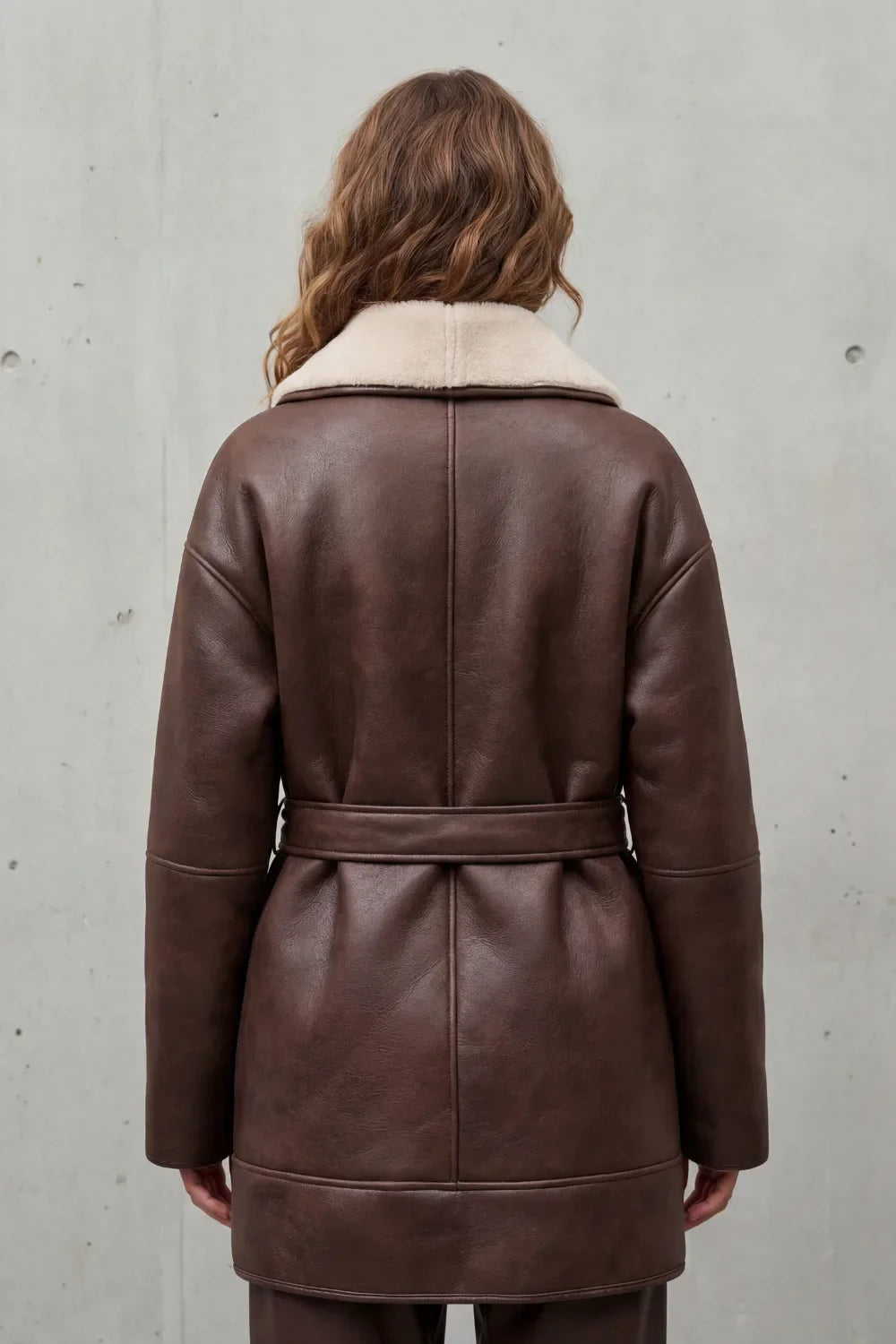 Women's Belted Faux Leather Coat with Teddy Trim