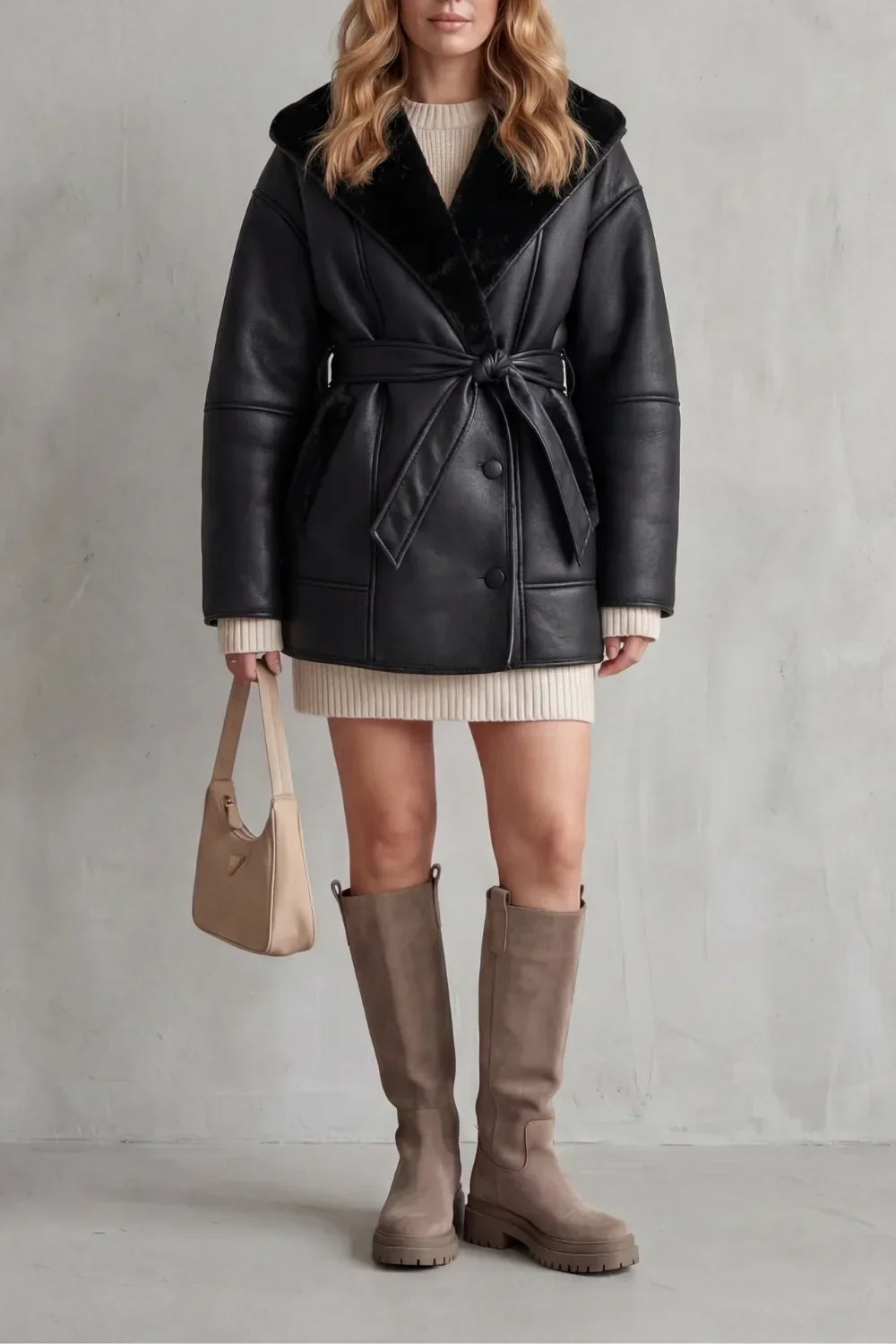 Women's Belted Faux Leather Coat with Teddy Trim
